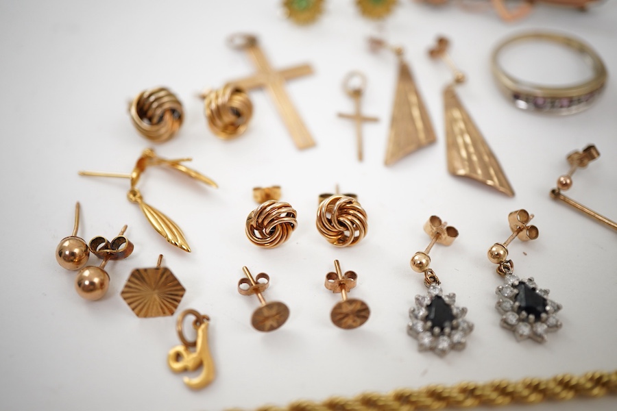 A collection of gold jewellery, comprising: four chains necklaces, two cross pendants, two rings and two pairs of earrings, all with British hallmarks for 9ct gold, combined gross weight approximately 18 grams; together